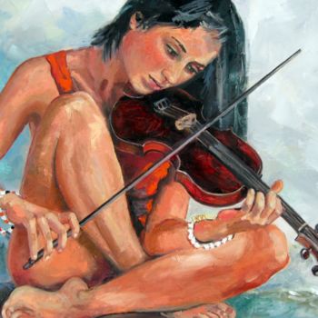 Painting titled "Young Violinist - P…" by Gheorghe Iergucz, Original Artwork, Oil
