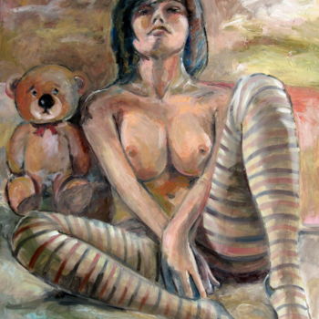 Painting titled "Nude with Bear - Ph…" by Gheorghe Iergucz, Original Artwork, Oil