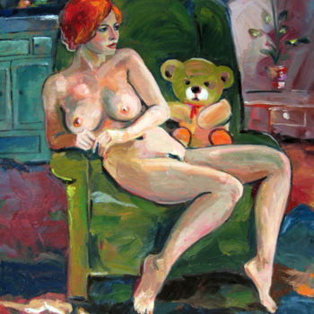 Ζωγραφική με τίτλο "Teddy Bear on Sofa…" από Gheorghe Iergucz, Αυθεντικά έργα τέχνης, Λάδι