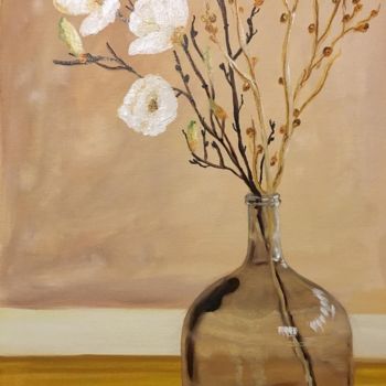 Painting titled "Vase with cerise fl…" by Daciana, Original Artwork, Oil