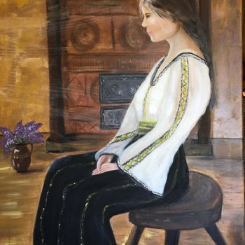 Painting titled "Romanian country gi…" by Daciana, Original Artwork, Oil Mounted on Wood Stretcher frame