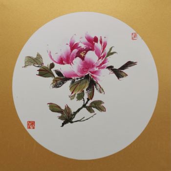 Pintura intitulada "Pivoine rose 1" por Ruirui Duo-Fischer, Obras de arte originais, Aquarela Montado em Cartão