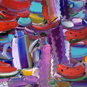 Картина под названием "Кофейник, арбузы и…" - Сергей Котинов, Подлинное произведение искусства, Масло