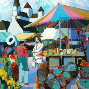 Painting titled "Rencontre au marché" by Yves Marie Puybertier, Original Artwork, Acrylic
