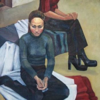 Pittura intitolato "两个坐着的女人" da Wang Jiang, Opera d'arte originale