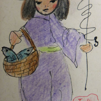 Zeichnungen mit dem Titel ""Girl with a catch"" von Indira Yartsev, Original-Kunstwerk