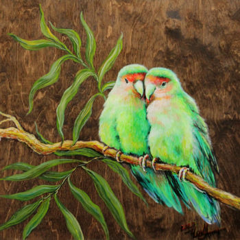 Schilderij getiteld "Lovebirds" door Anna Chekushkina, Origineel Kunstwerk, Olie