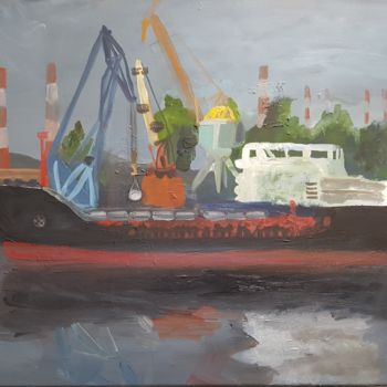 Schilderij getiteld "Harbour scenery wit…" door Irina Seller, Origineel Kunstwerk, Olie Gemonteerd op Frame voor houten bran…