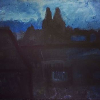 「Evening cityscape」というタイトルの絵画 Irina Sellerによって, オリジナルのアートワーク, オイル ウッドストレッチャーフレームにマウント