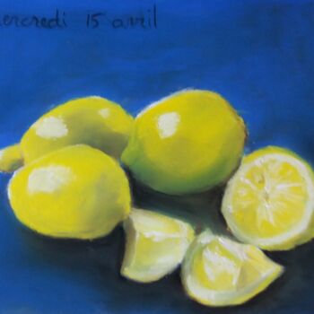 Dessin intitulée "les citrons bleus" par Isabelle Tanguy, Œuvre d'art originale, Pastel
