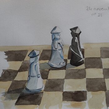 Peinture intitulée "Le joueur d'échecs…" par Isabelle Tanguy, Œuvre d'art originale, Aquarelle