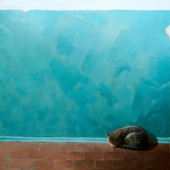 Peinture intitulée "Cat and green wall" par V V Saikov, Œuvre d'art originale, Huile