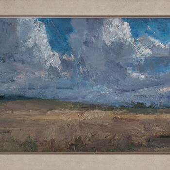 Painting titled "Clouds over the fie…" by Arsen Abrarovich Rustamov, Original Artwork, Oil Mounted on Wood Stretcher frame