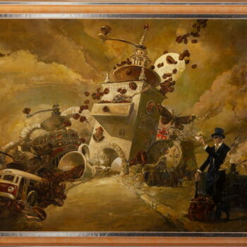 Schilderij getiteld "Coffee Picnic" door Yuri Laptev, Origineel Kunstwerk, Olie Gemonteerd op Frame voor houten brancard