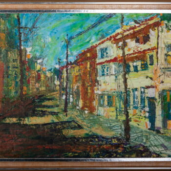 Painting titled "Street. Lisbon" by Sergio Kovalov, Original Artwork, Oil Mounted on Wood Stretcher frame