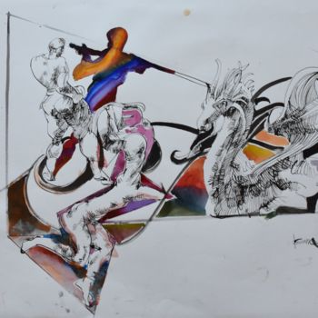 Malerei mit dem Titel "Taming the Dragon" von Roman Bonchuk, Original-Kunstwerk, Tinte