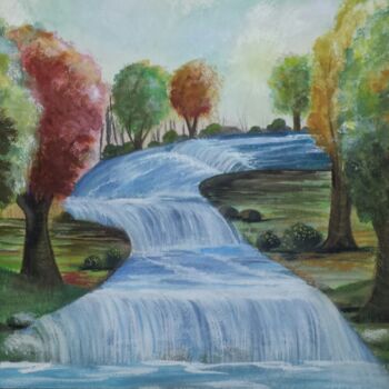Painting titled "Refreshing Waterfal…" by Artistry By Ajanta, Original Artwork, Watercolor