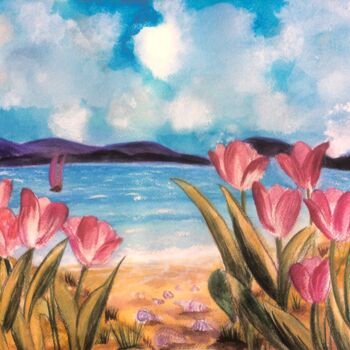 Painting titled "Tulips And Shellfish" by Artistry By Ajanta, Original Artwork, Watercolor