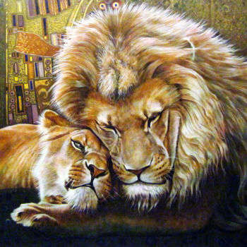 Pittura intitolato "Lion love" da Sergey And  Vera, Opera d'arte originale, Olio