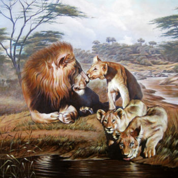 Painting titled "Lion with offspring" by Sergey And  Vera, Original Artwork, Acrylic