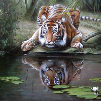 Painting titled "Tiger cub by the ri…" by Sergey And  Vera, Original Artwork, Acrylic