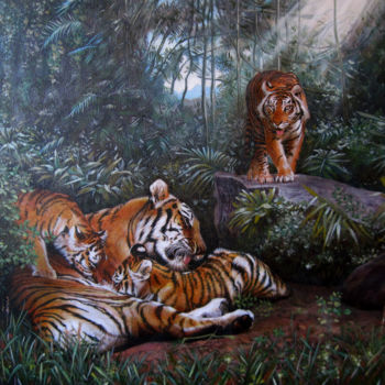 Painting titled "Tiger family" by Sergey And  Vera, Original Artwork, Oil