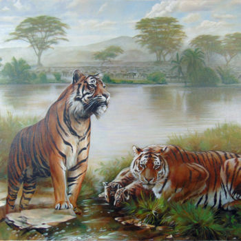 Painting titled "Tigers by the river" by Sergey And  Vera, Original Artwork, Oil