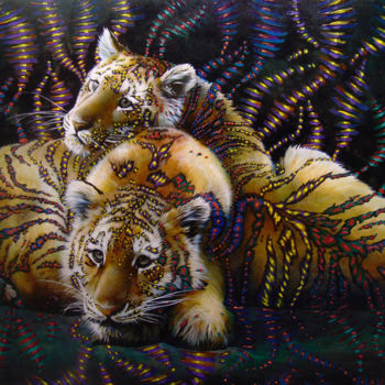 Painting titled "Tiger cubs" by Sergey And  Vera, Original Artwork, Oil