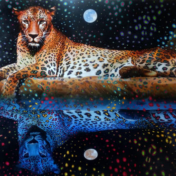 Painting titled "Leo's reflection" by Sergey And  Vera, Original Artwork, Oil Mounted on Wood Stretcher frame
