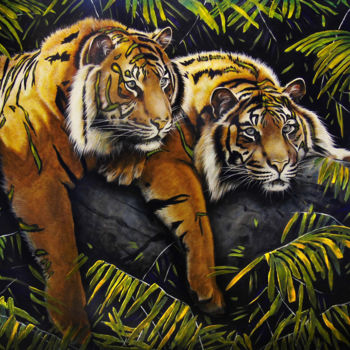 Painting titled "Brothers - Tigers" by Sergey And  Vera, Original Artwork, Oil Mounted on Wood Stretcher frame