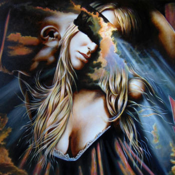 Painting titled "Higher than clouds" by Sergey And  Vera, Original Artwork, Oil Mounted on Wood Stretcher frame