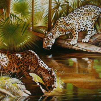 Painting titled "Watering hole" by Sergey And  Vera, Original Artwork, Oil Mounted on Wood Stretcher frame