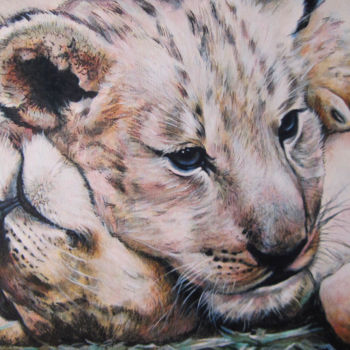 Painting titled "Lion cubs" by Sergey And  Vera, Original Artwork, Oil Mounted on Wood Stretcher frame