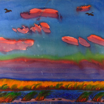 Painting titled "Evening clouds" by Sergey And  Vera, Original Artwork, Watercolor Mounted on Plexiglass