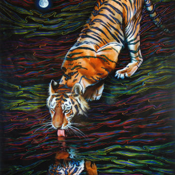 Painting titled "Waterhole" by Sergey And  Vera, Original Artwork, Oil Mounted on Wood Stretcher frame