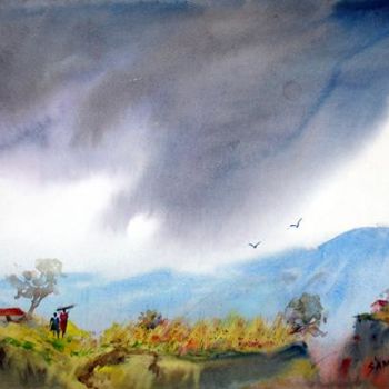 Schilderij getiteld "Rainy season" door Sampat Nayakawadi, Origineel Kunstwerk, Olie