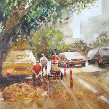 Painting titled "roadside-worker-bus…" by Shibu Biswas, Original Artwork, Watercolor