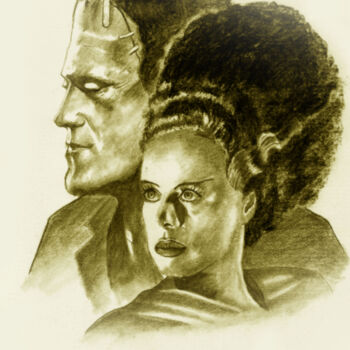 Drawing titled "Frankenstein's Bride" by E Simon, Original Artwork, Charcoal