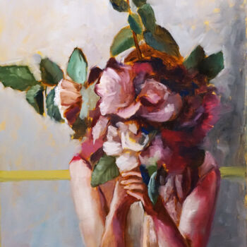 Картина под названием "Femme avec un bouqu…" - Olga Sokolova, Подлинное произведение искусства, Масло Установлен на Деревянн…