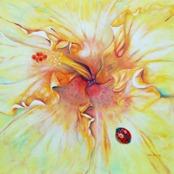 Painting titled "Yellow Hibiscus" by Vicky Patrikakos, Original Artwork, Oil Mounted on Wood Stretcher frame