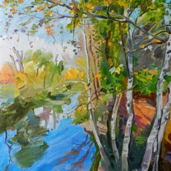 Painting titled "Pinios river" by Artan Kola, Original Artwork, Oil