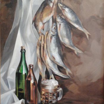Painting titled "Beer and fish" by Valentina Fedchenko, Original Artwork, Oil