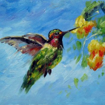 Painting titled "Hummingbird #108" by James Shang, Original Artwork, Oil Mounted on Wood Stretcher frame
