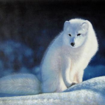 Painting titled "Fox #001" by James Shang, Original Artwork, Oil Mounted on Wood Stretcher frame