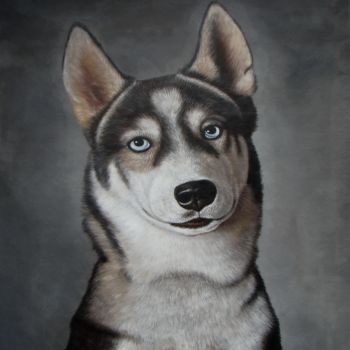 Painting titled "Pet dog 003" by James Shang, Original Artwork, Oil Mounted on Wood Stretcher frame