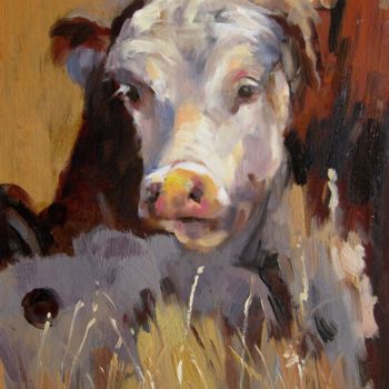 Painting titled "Cow #509" by James Shang, Original Artwork, Oil Mounted on Wood Stretcher frame
