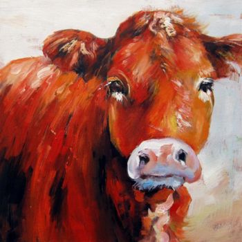Painting titled "Cow #003D" by James Shang, Original Artwork, Oil Mounted on Wood Stretcher frame