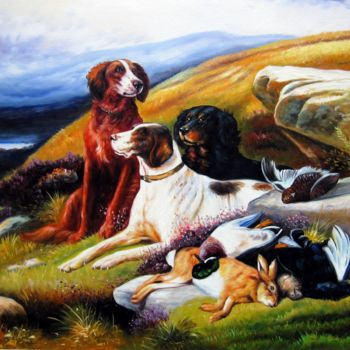 Painting titled "Hunting dogs #002" by James Shang, Original Artwork, Oil Mounted on Wood Stretcher frame