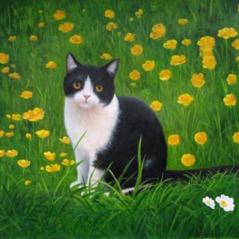 Painting titled "Portrait pet cat 001" by James Shang, Original Artwork, Oil Mounted on Wood Stretcher frame