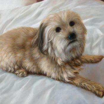 Painting titled "Portrait pet Dog 002" by James Shang, Original Artwork, Oil Mounted on Wood Stretcher frame